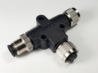 M12 tee male / female connector M12-4T, M12 4 pintee male connector, m12 sensor cable connector