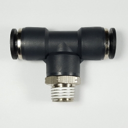 Swivel male tee, 3/8" OD tube, 1/4 NPT thread Push-to-Connect, tee fitting, pneumatics, best fittings, swivel male tee 3/8-1/4NPT