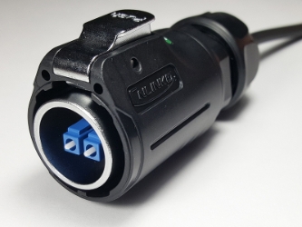 Fiber optic waterproof latching plug with 118" long cable LP-24-F00PE-P01, fiber optic waterproof latching plug, industrial fiber optic, heavy duty fiber optic plug, industrial metal fiber optic plug